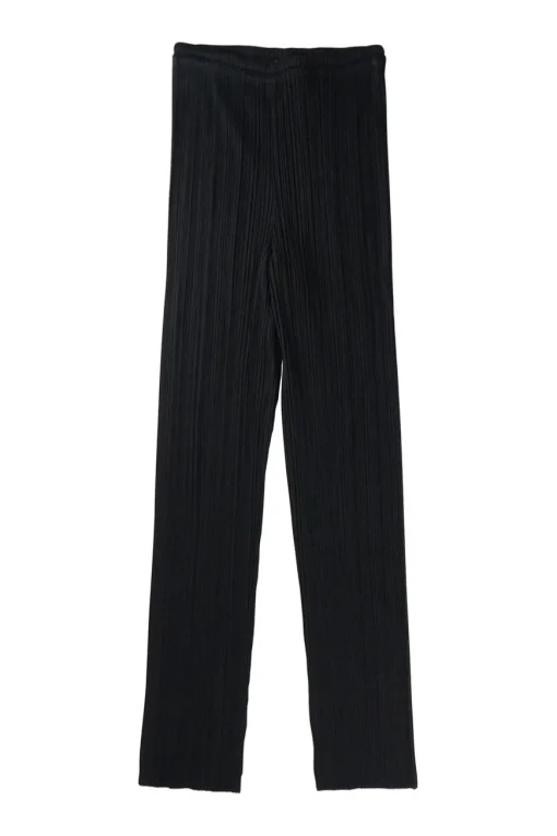Black polyester pull-on high-rise plissé skinny trousers with elasticated waist