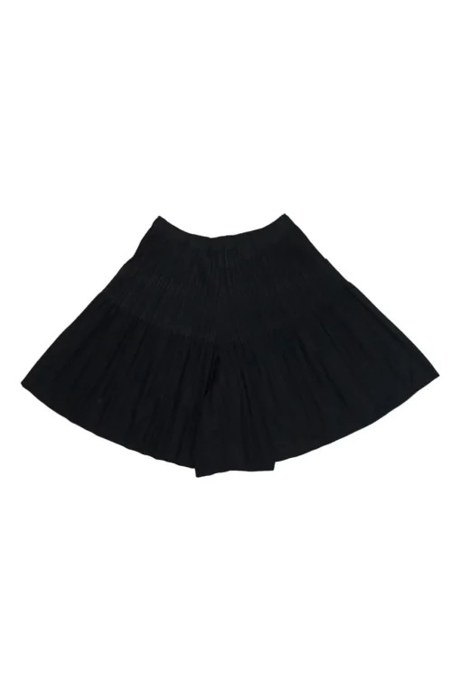 Black polyester pull-on high-rise flared plissé shorts with elasticated waist