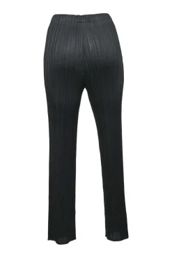 Black polyester pull-on high-rise tapered leg plissé pants with elasticated waistband