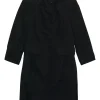 Black polyester single breasted collarless coat liner with waistline flap pockets