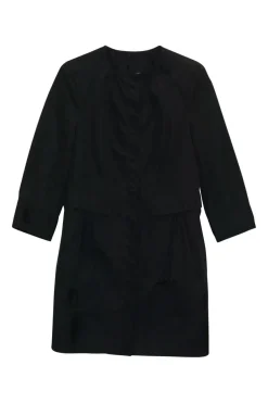 Black polyester single breasted collarless coat liner with waistline flap pockets