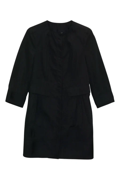 Black polyester single breasted collarless coat liner with waistline flap pockets