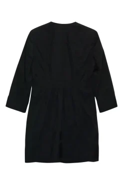 Black polyester single breasted collarless coat liner with waistline flap pockets