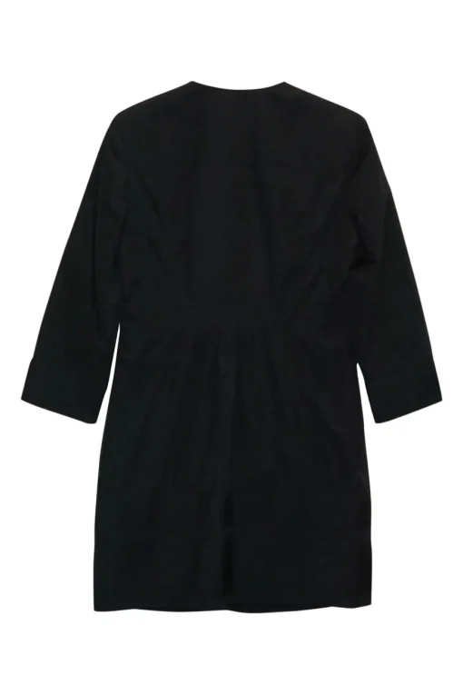 Black polyester single breasted collarless coat liner with waistline flap pockets