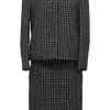 Black polyester-blend collarless tailored jacket and knee-length pencil skirt suit set