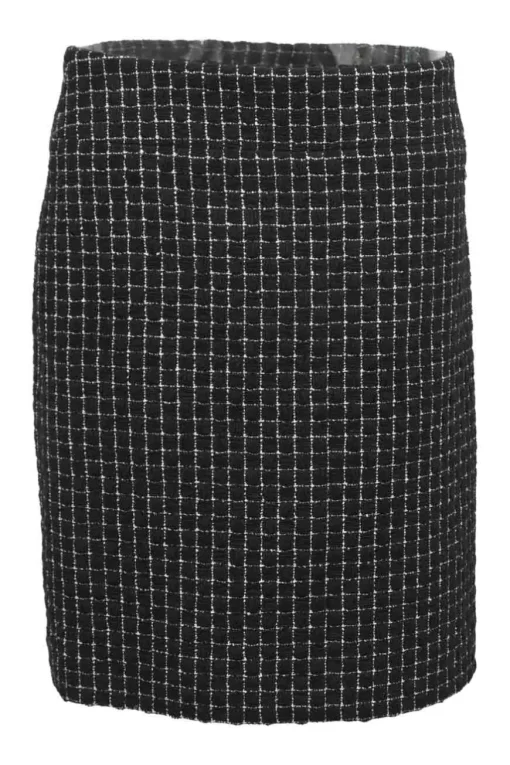 Black polyester-blend collarless tailored jacket and knee-length pencil skirt suit set