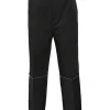 Black polyester-blend high-rise tapered leg tailored trousers with raw-edge hem and contrasting topstitching details