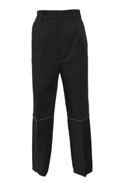 Black polyester-blend high-rise tapered leg tailored trousers with raw-edge hem and contrasting topstitching details