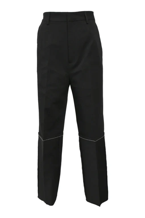 Black polyester-blend high-rise tapered leg tailored trousers with raw-edge hem and contrasting topstitching details