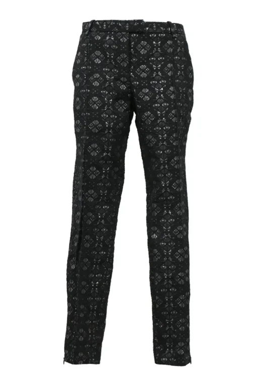 Black polyester-blend metallic Dobby weave tapered-leg tailored trousers