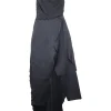 Black polyester-blend one-shoulder plissé satin and crêpe jumpsuit with skirt-style draped overlay