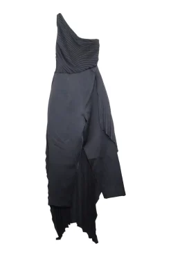 Black polyester-blend one-shoulder plissé satin and crêpe jumpsuit with skirt-style draped overlay