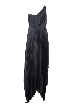 Black polyester-blend one-shoulder plissé satin and crêpe jumpsuit with skirt-style draped overlay