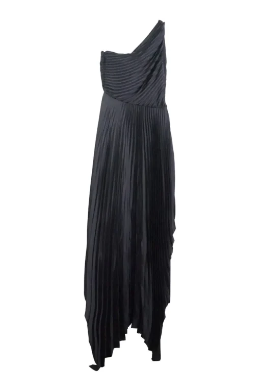 Black polyester-blend one-shoulder plissé satin and crêpe jumpsuit with skirt-style draped overlay