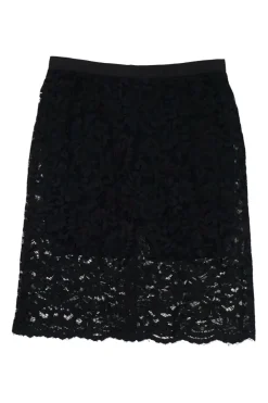 Black rayon-blend floral lace pull-on A-line slit back knee-length skirt with built-in mini skirt insert