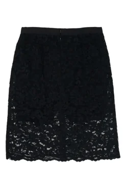 Black rayon-blend floral lace pull-on A-line slit back knee-length skirt with built-in mini skirt insert