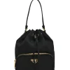 Black re-nylon duet drawstring bucket bag with front zip pocket in gold-tone metallic hardware