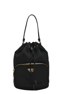 Black re-nylon duet drawstring bucket bag with front zip pocket in gold-tone metallic hardware