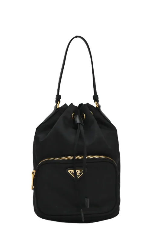 Black re-nylon duet drawstring bucket bag with front zip pocket in gold-tone metallic hardware