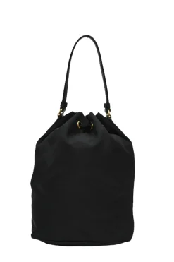 Black re-nylon duet drawstring bucket bag with front zip pocket in gold-tone metallic hardware