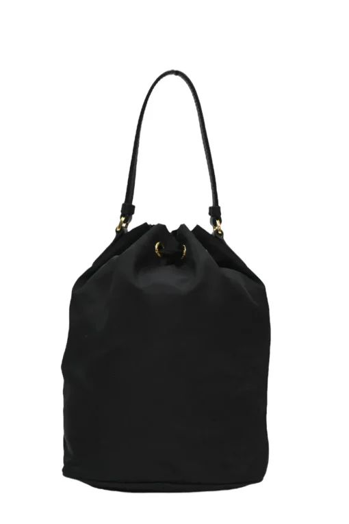 Black re-nylon duet drawstring bucket bag with front zip pocket in gold-tone metallic hardware