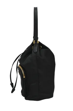 Black re-nylon duet drawstring bucket bag with front zip pocket in gold-tone metallic hardware