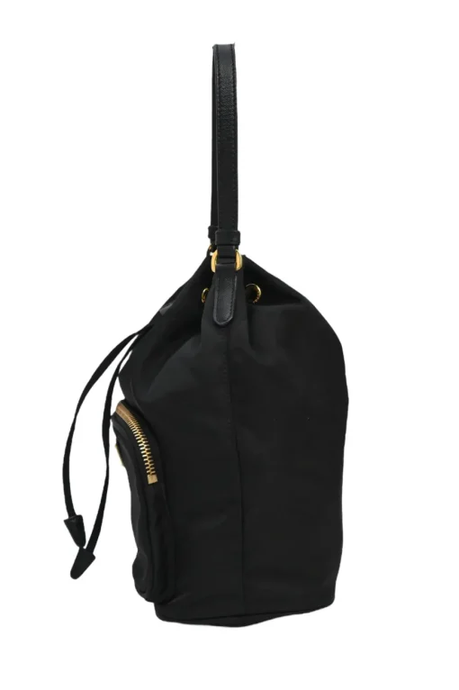 Black re-nylon duet drawstring bucket bag with front zip pocket in gold-tone metallic hardware
