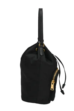 Black re-nylon duet drawstring bucket bag with front zip pocket in gold-tone metallic hardware