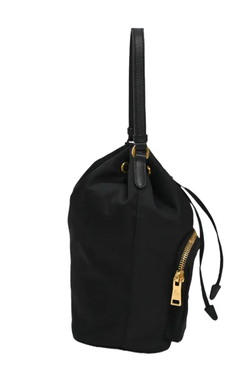 Black re-nylon duet drawstring bucket bag with front zip pocket in gold-tone metallic hardware