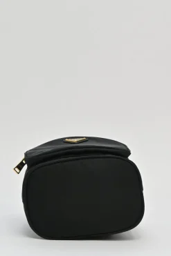 Black re-nylon duet drawstring bucket bag with front zip pocket in gold-tone metallic hardware