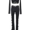 Black ruched semi-sheer polyamide mesh two-piece set featuring long sleeve crop top and high-rise skinny pants