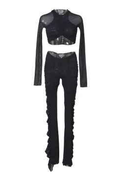 Black ruched semi-sheer polyamide mesh two-piece set featuring long sleeve crop top and high-rise skinny pants