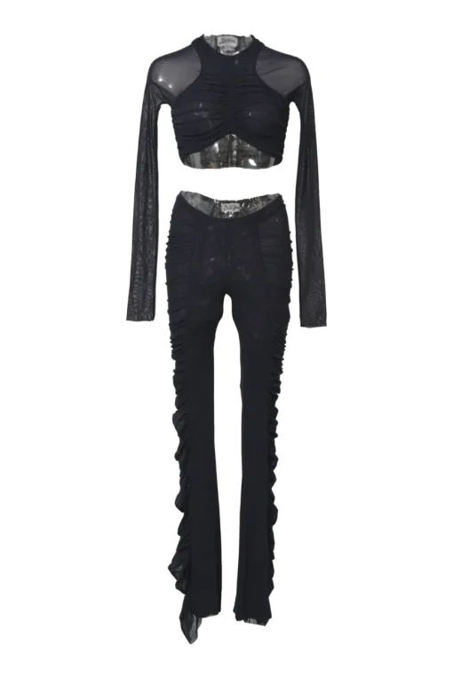 Black ruched semi-sheer polyamide mesh two-piece set featuring long sleeve crop top and high-rise skinny pants