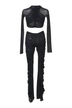 Black ruched semi-sheer polyamide mesh two-piece set featuring long sleeve crop top and high-rise skinny pants