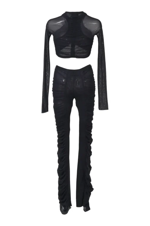 Black ruched semi-sheer polyamide mesh two-piece set featuring long sleeve crop top and high-rise skinny pants