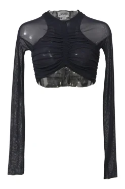 Black ruched semi-sheer polyamide mesh two-piece set featuring long sleeve crop top and high-rise skinny pants