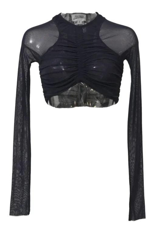 Black ruched semi-sheer polyamide mesh two-piece set featuring long sleeve crop top and high-rise skinny pants
