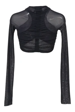 Black ruched semi-sheer polyamide mesh two-piece set featuring long sleeve crop top and high-rise skinny pants