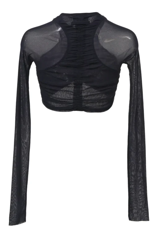 Black ruched semi-sheer polyamide mesh two-piece set featuring long sleeve crop top and high-rise skinny pants