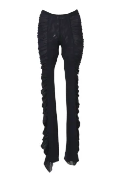 Black ruched semi-sheer polyamide mesh two-piece set featuring long sleeve crop top and high-rise skinny pants