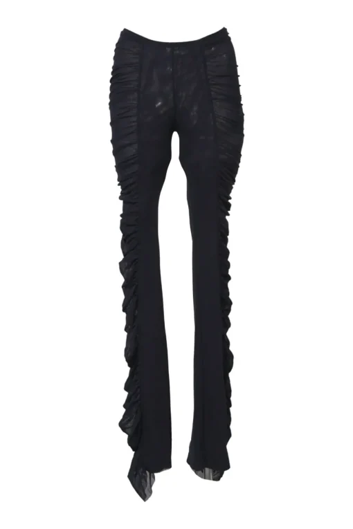 Black ruched semi-sheer polyamide mesh two-piece set featuring long sleeve crop top and high-rise skinny pants