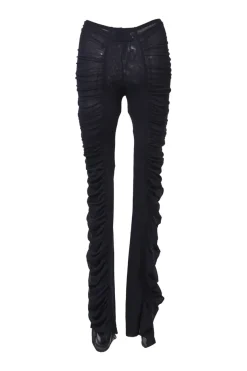 Black ruched semi-sheer polyamide mesh two-piece set featuring long sleeve crop top and high-rise skinny pants