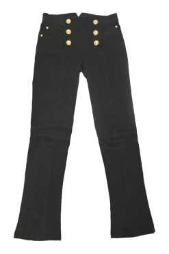Black sailor-style skinny bootcut jeans featuring split waistband