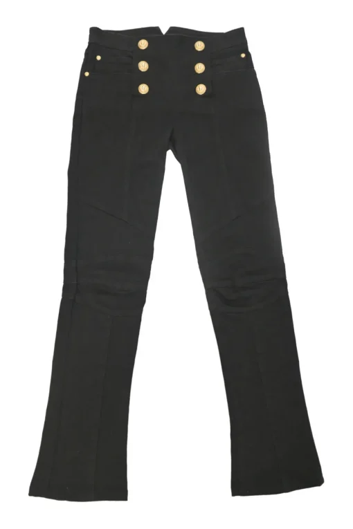 Black sailor-style skinny bootcut jeans featuring split waistband