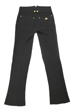 Black sailor-style skinny bootcut jeans featuring split waistband