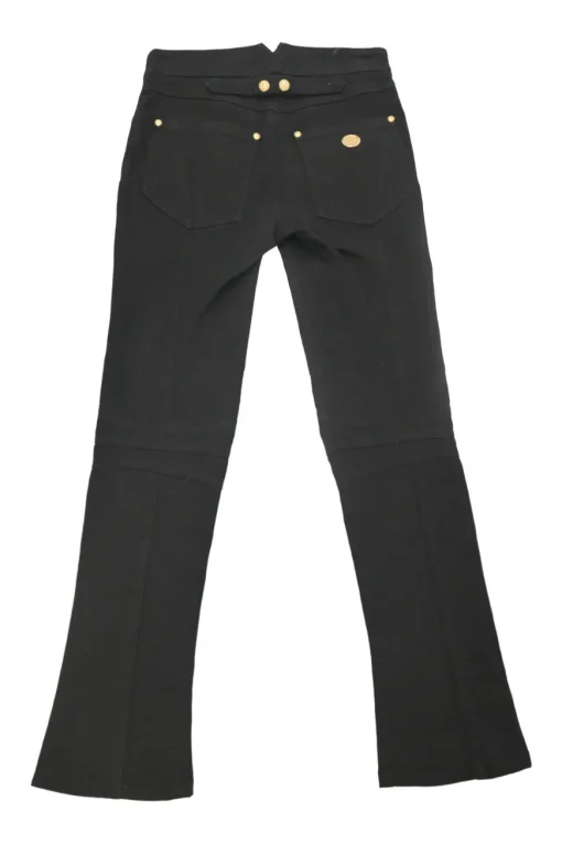 Black sailor-style skinny bootcut jeans featuring split waistband