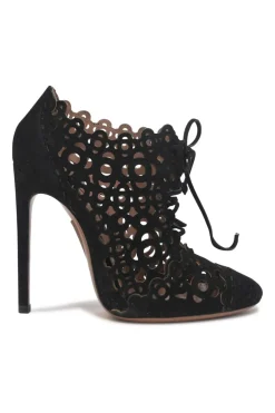 Black scalloped laser-cut suede round-toe lace-up heeled booties