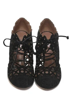 Black scalloped laser-cut suede round-toe lace-up heeled booties