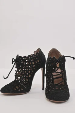 Black scalloped laser-cut suede round-toe lace-up heeled booties