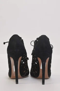Black scalloped laser-cut suede round-toe lace-up heeled booties